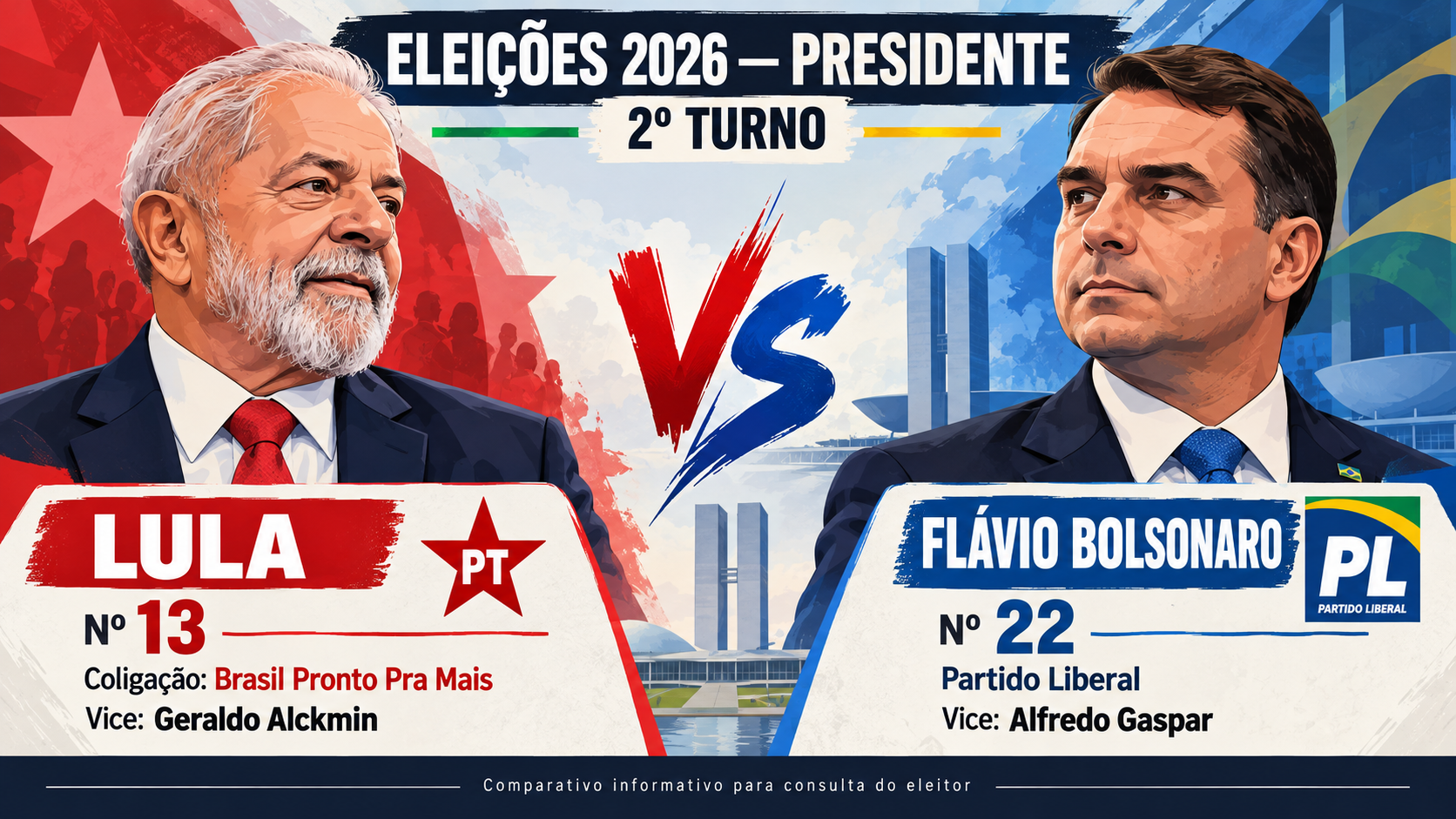 Ilustração comparativa das candidaturas de Lula, PT, e Flávio Bolsonaro, PL, no segundo turno de 2026