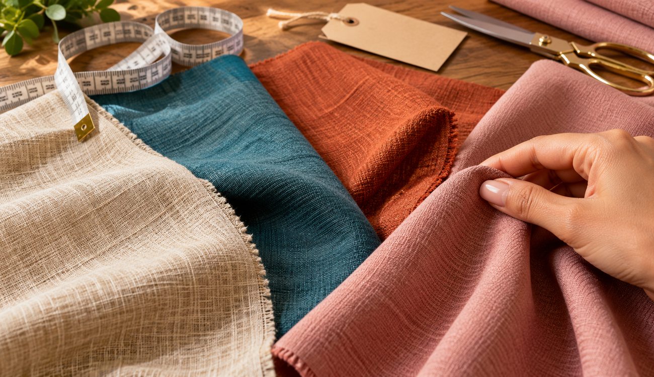 Amostras de tecidos de cores e tramas diferentes sobre mesa de corte, com fita métrica e tesoura