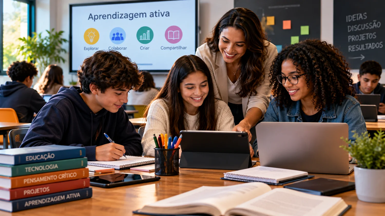 Professora acompanha estudantes que conversam e resolvem problemas com cadernos e dispositivos digitais