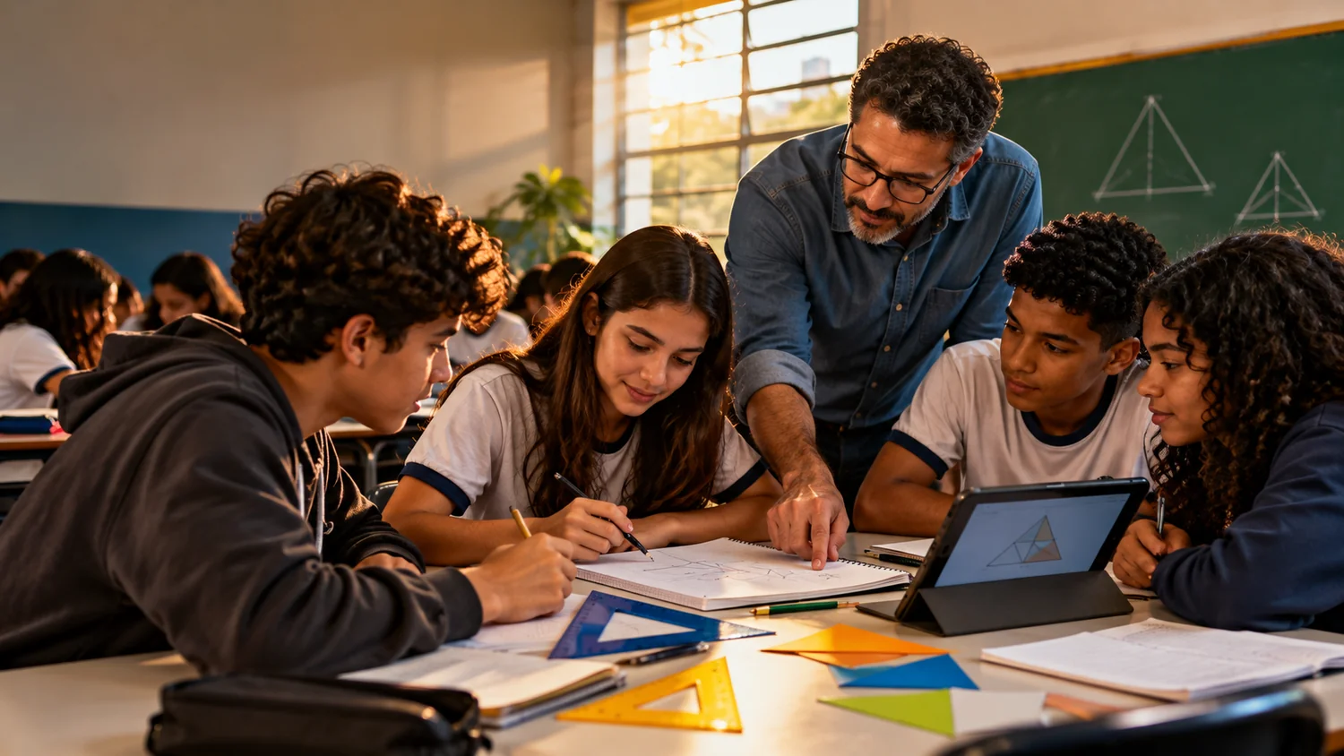Professor e estudantes analisam desenhos de triângulos, cadernos e um tablet