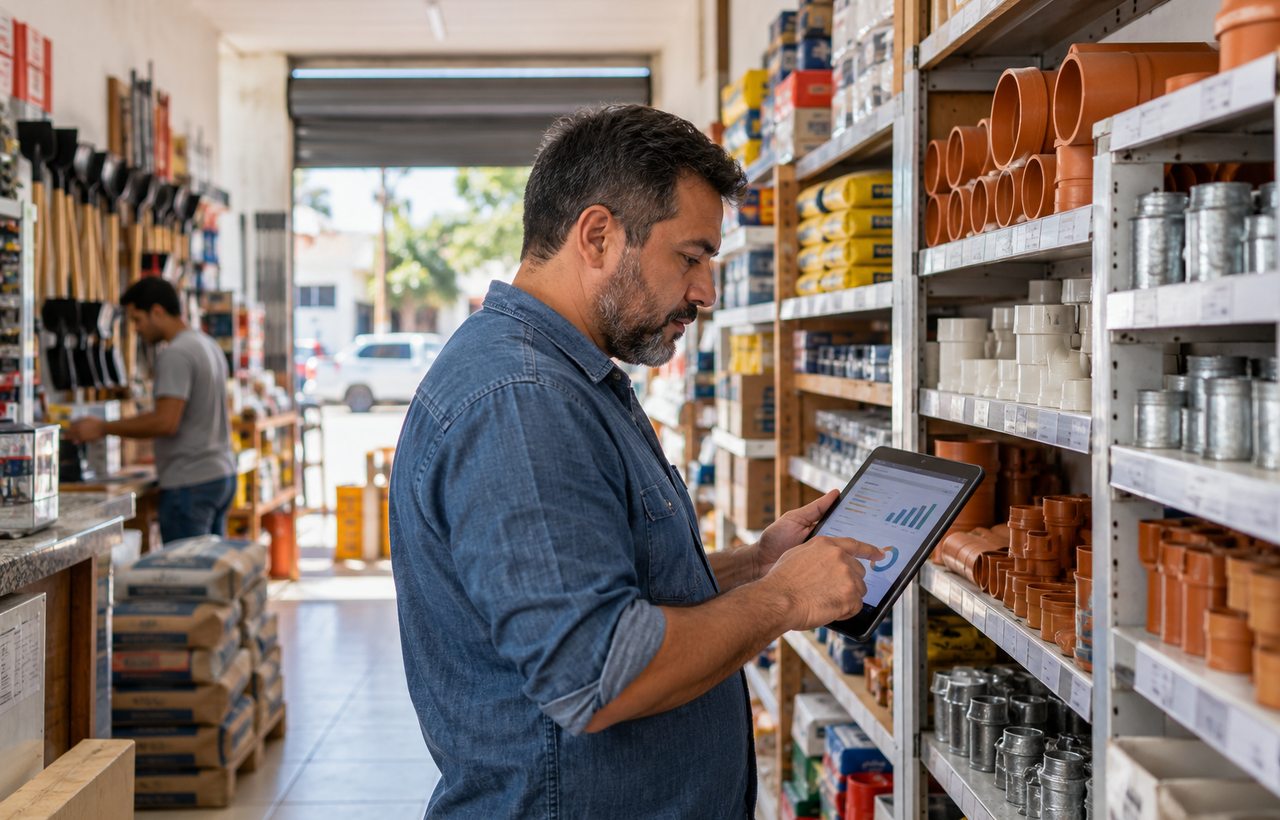 Empresário confere produtos de material de construção e analisa informações de estoque em um tablet