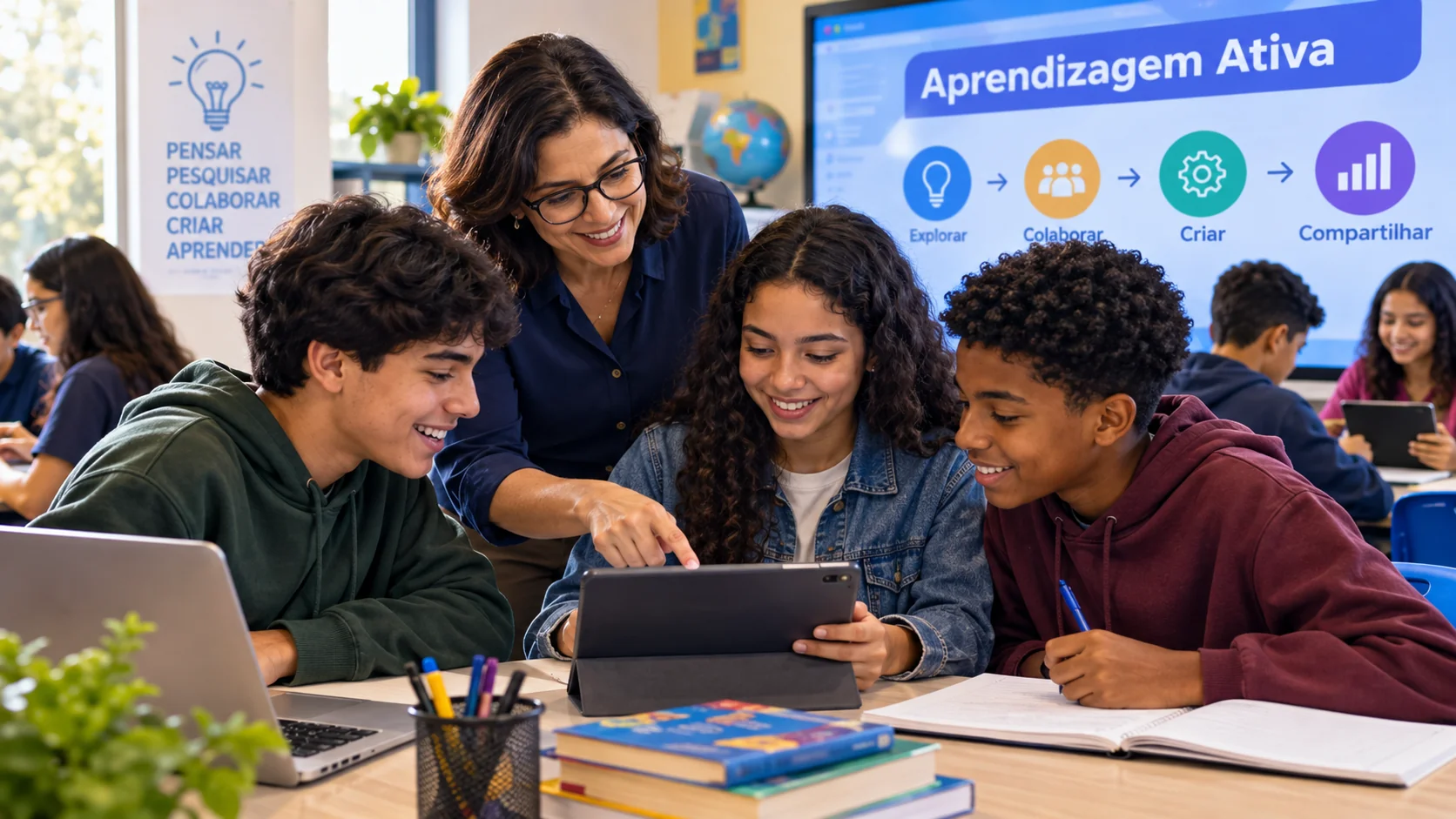 Professora orienta estudantes que colaboram usando tablet, computadores e cadernos em sala de aula