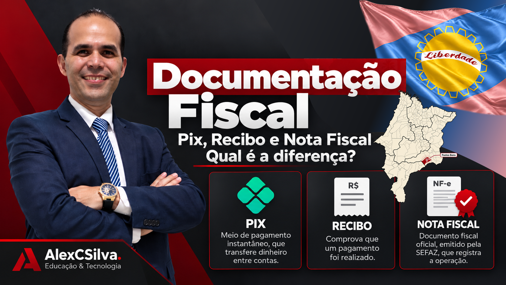 Professor apresentando as diferenças entre Pix, recibo e nota fiscal, com referências visuais ao Maranhão e a Pastos Bons.