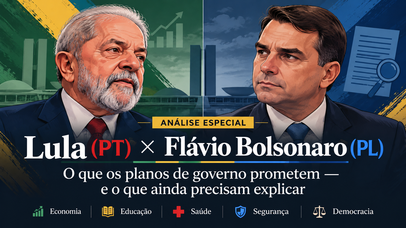 Retratos de Lula e Flávio Bolsonaro lado a lado, acompanhados das siglas dos partidos PT e PL. Retratos de Lula e Flávio Bolsonaro lado a lado, acompanhados das siglas dos partidos PT e PL.