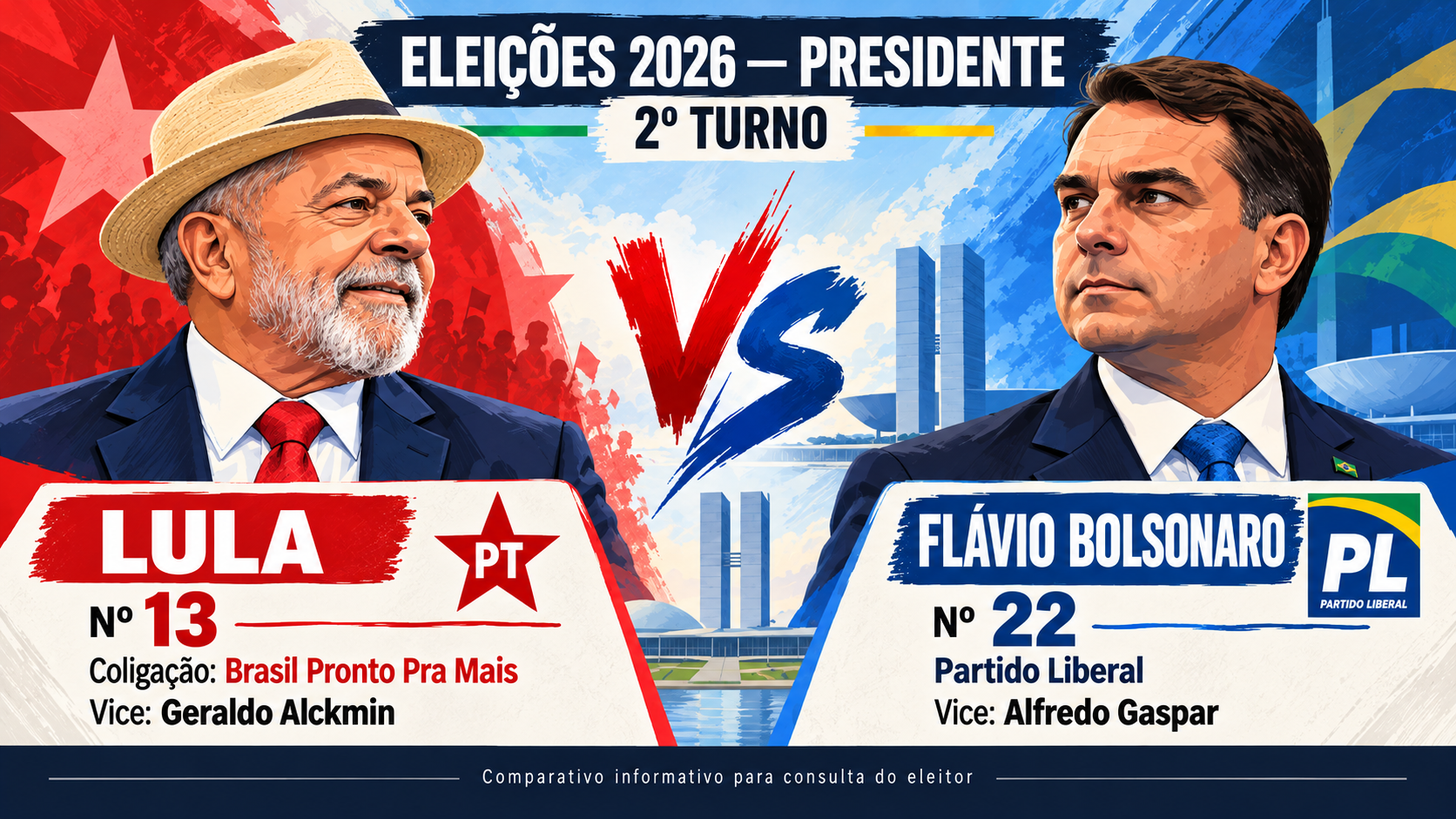 Arte editorial com dois documentos identificados como PT e PL, para consulta aos planos de governo de 2026
